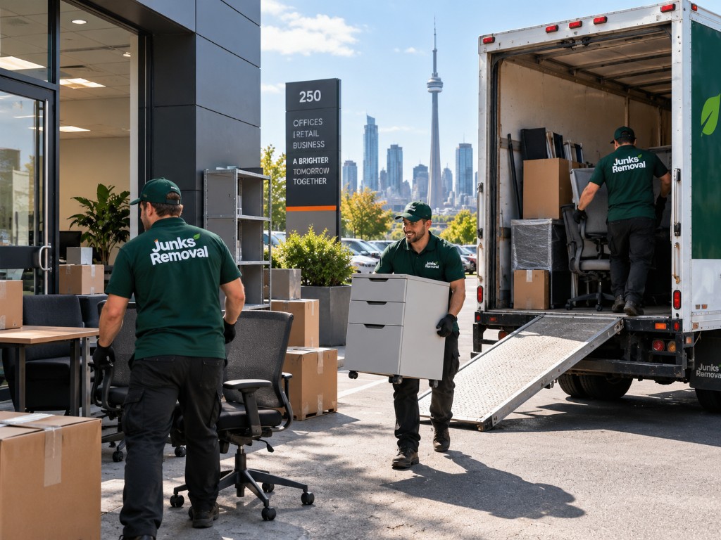 Commercial junk removal crew loading office furniture into a truck in Toronto