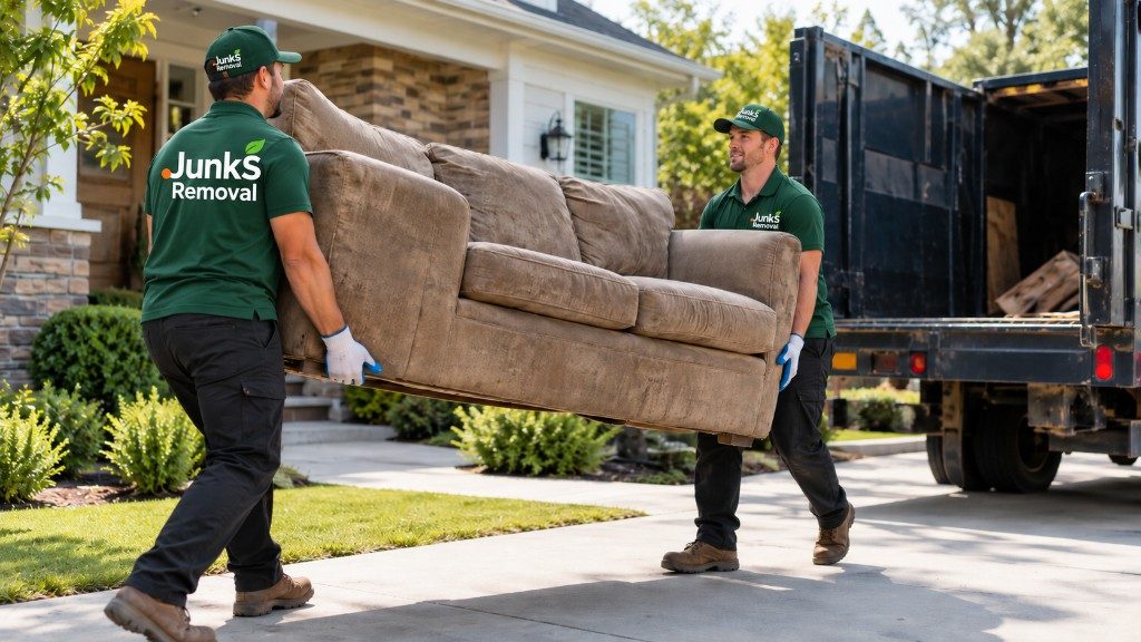 JunksRemoval.ca crew carrying a sofa to a junk removal truck in Toronto