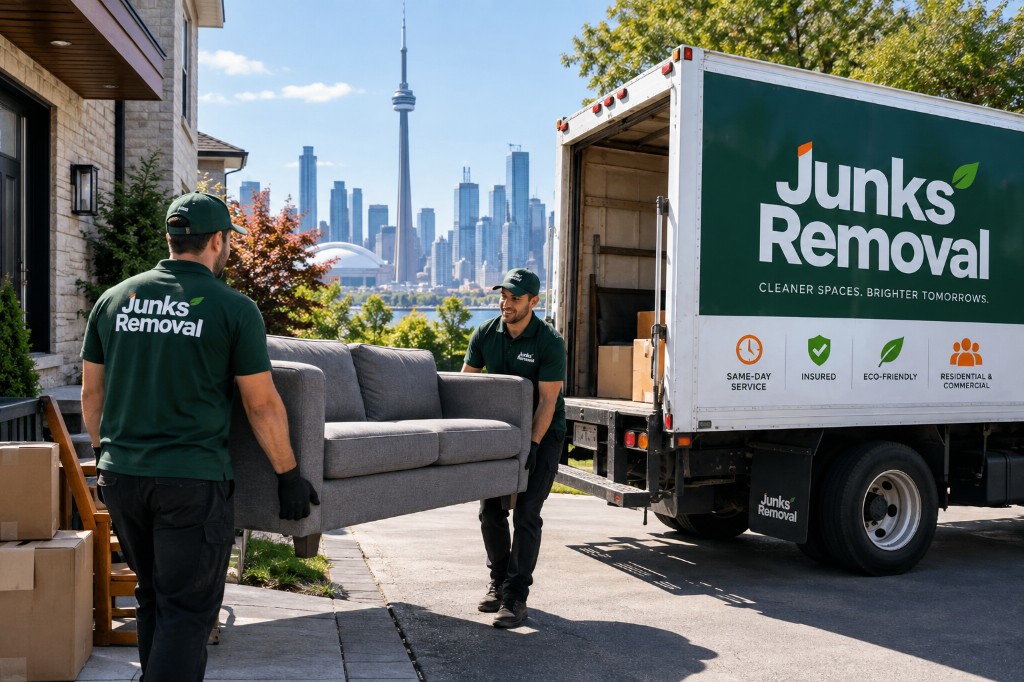 Junk removal crew loading a sofa onto a truck with the Toronto skyline in the background