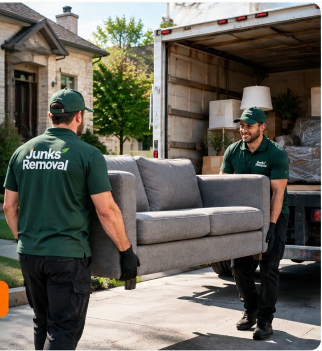 Residential junk removal crew carrying a sofa to a truck